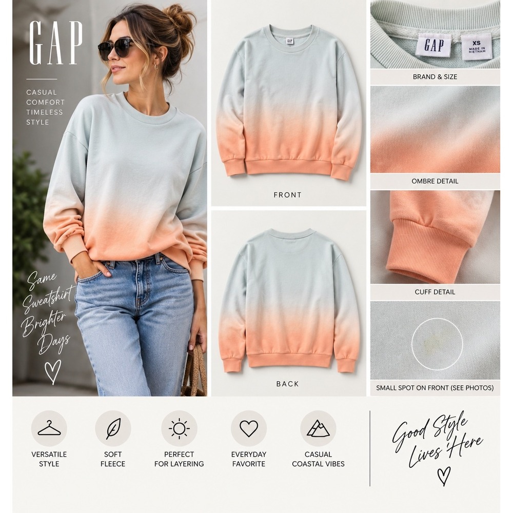 GAP Womens XS Ombre Dip Dye Sweatshirt Mint Blue Peach Crewneck Pullover